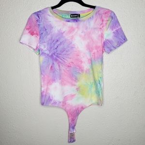 Popular 21 Bright Neon Pastel Tie Dye T Shirt Style Bodysuit (Size: L)